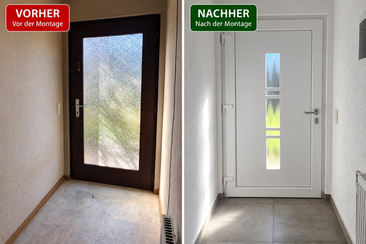 Eingangsbereich vor und nach dem Einbau einer neuen Haustür